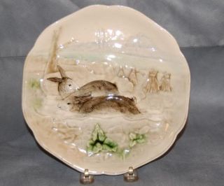 French Majolica Pottery Rabbit Plate Higgins and Seiter NY Old Repairs