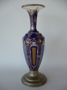 Antique Blue Gold Enamel Overlay Bohemian Glass Vase