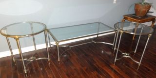 Vintage Italian steel / brass /glass coffee cocktail table Hollywood