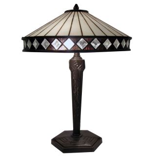 Stained Glass Table Lamp Clear Diamond Shapes Around Shade Rim