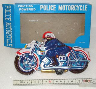 großes Polizei Blech Motorrad um 1970 mit Friktionsantrieb   Made in