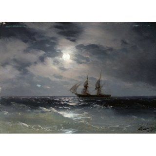 Kunstdruck (70 x 53, Aiwasowski) von Segelschiff bei Mondl, weißer