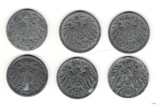 6x 10 Pfennig Deutsches Reich 1917 1918 1919 1920 1921 1922 Satz Zink