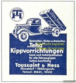 Kipper Toussaint & Hess Düsseldorf Reklame 1940 LKW Laster Pritsche