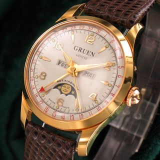 GRUEN watch Co triple calendar seltene Vollkalender Uhr Valjoux 89 aus