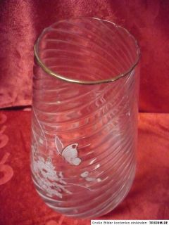 schöne,alte Glas Vase__Spirallmuster__bemalt Blumen,Schmetterling