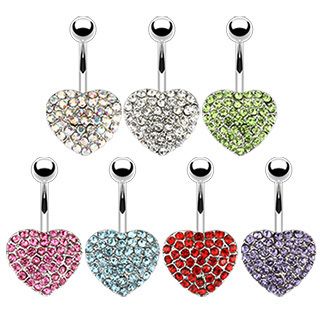 New Multi Crystal Paved Large Heart Belly Bar 10mm 316L Surgical Steel