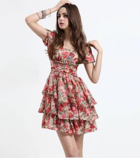 AWA10 New Sexy Chic Lady Chiffon Floral Short Sleeves Tiered Fitted