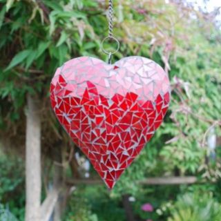HANGING RED MIRROR MOSAIC HEART FOR HOME OR GARDEN NEW FREE P+P