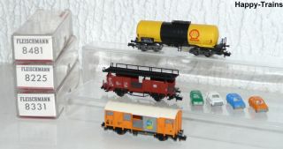 3x Fleischmann piccolo/ 8225+8331+8481 Güterwagen/Autotransportwagen