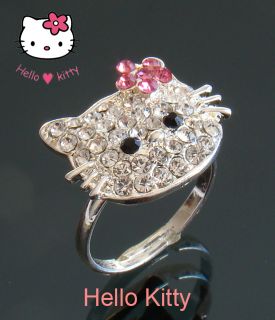 Hello Kitty Ring Strasssteinen super suess einstellbar Versilbert Neu