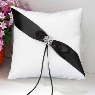 New Elegant Wedding Ring Pillow Black Stripe White Satin