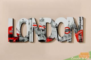 Wandobjekt Schriftzug London mit verschiendenen Londonmotiven in rot
