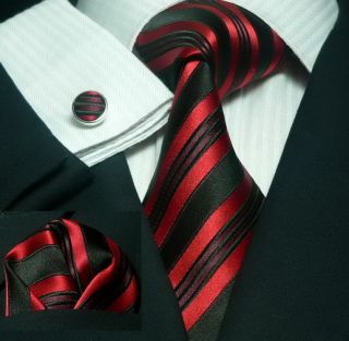 Landisun 636 True Red Black Stripes Mens Silk Tie Set Tie+Hanky