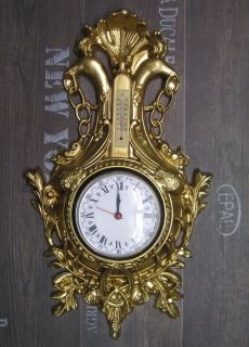 Wanduhr Schwan in Gold mit Ther­mometer Antik look 38x65cm BAROCK
