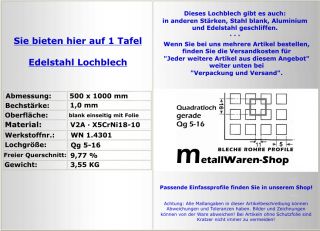 Lochblech Qg 5 16 Edel stahl 500x1000x1,0 mm V2A/778