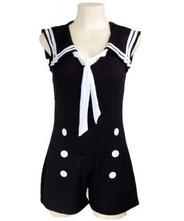 Double Button Sailor Nautical Rockabilly Pin Up Jumpsuit Playsuit