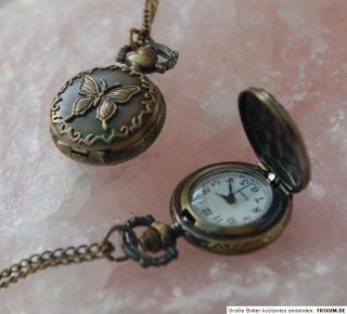 NEU Amulett + Uhr + xxl lange Kette + Etui  bronze Schmetterling
