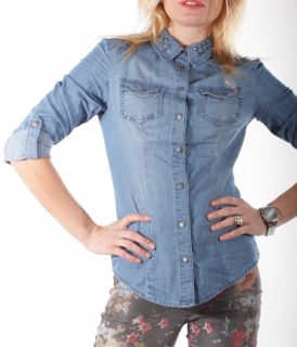 Only Rock it Front Shirt Fitted Bluse Denim Nietenbluse Jeansbluse