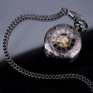 Mens Elegant Design Analog Mechanical Pocket Watch Gift with chain