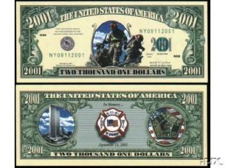 Fire Fighter 2001 Novelty Dollar Bill 911 FDNY WTC