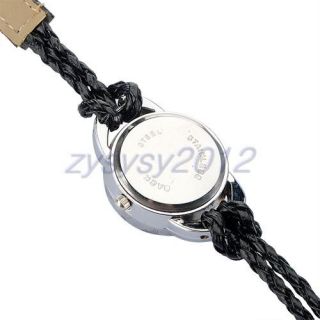 Fashion Ladys Black Double Wrap Crystal Braided Strap Wrist Watch