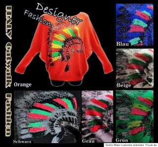 Damen Sweatshirt Strick Pullover 34 36 38 BLAU Batwingärmel Indianer