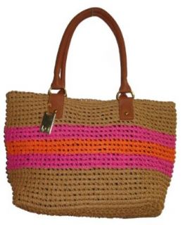 Tommy Hilfiger Stripe Straw Tote Handbag (Tan/Pink/Orange