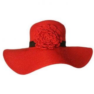 Red 4.5 Wide Brim Floppy Hat With Crocheted Flower