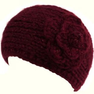 Hand made Shimmer Knit Headwrap Headband Flower Wine with
