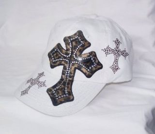 Brown Zebra Three Cross Rhinestone White Baseball Hat Cap