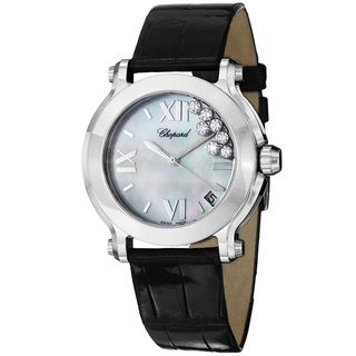 Chopard Womens Happy Sport Round Black Leather Strap Diamond Watch