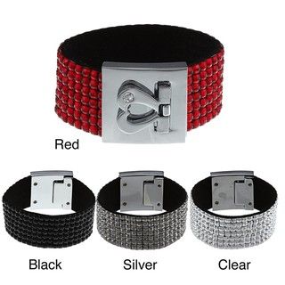 Silvertone Crystal 7 row Leather Heart Clasp Bracelet