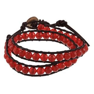 La Preciosa Red Agate Bead Leather Wrap Bracelet