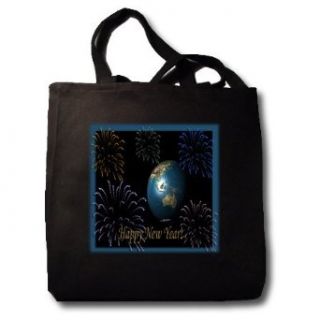 Earth with Fireworks 3d   Black Tote Bag 14w X 14h X 3d