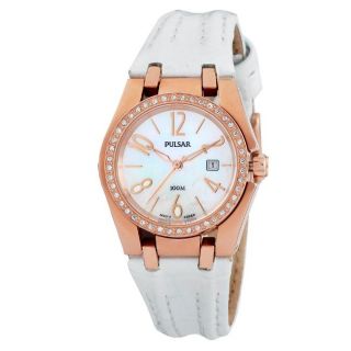Pulsar Womens White Leather Strap Crystal accented Watch