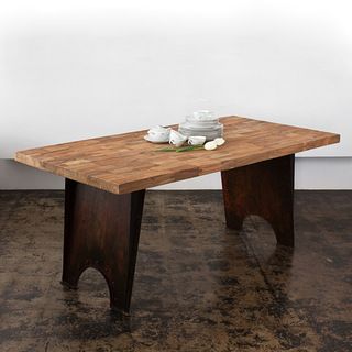 Steel Base Teak Wood Top Dining Table (India)