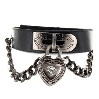 Black Leather Cubic Zirconia Heart Lock and Chain Bracelet