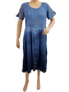 Womens Hippie Boho Crocheted Bodice Blue Dress Button Down