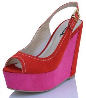 and Red Color Block Faux Suede Platform Wedge Slingback Velko Shoes
