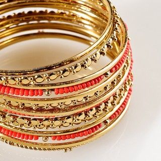 Creative Design Group Goldtone Red Bead Bangle Bracelet Set