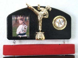 Martial arts belt display with a KICK  Midn. trophy