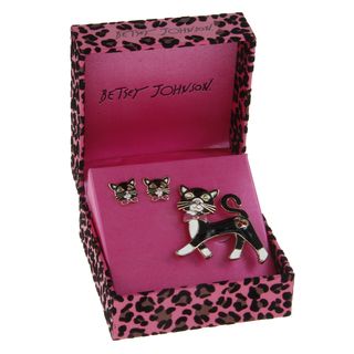 Betsey Johnson Black Cat Pin and Earrings Set