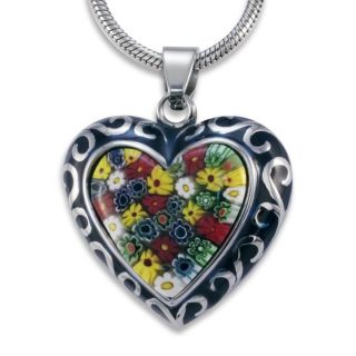 Stainless Steel Colored Glass and Blue Resin Heart Necklace