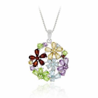 Glitzy Rocks Sterling Silver Multi gemstone Flower Cluster Necklace