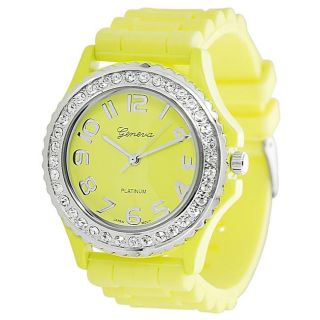 Geneva Platinum Womens Rhinestone accented Neon Yellow Silicone Watch