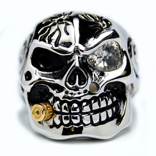 Stainless Steel Cubic Zirconia Skull and Bullet Ring