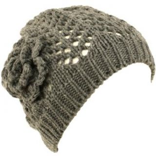 Crochet Flower Vent Knit Beanie Skull Winter Hat Gray