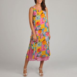 La Cera Womens Floral Print Side Button Layered Dress