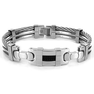 Stainless Steel Mens Cable and Black Rubber Center Bracelet